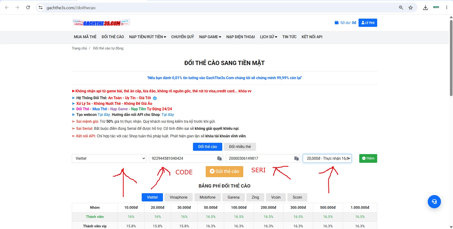 Giao diện đổi thẻ cào gachthe3s.com